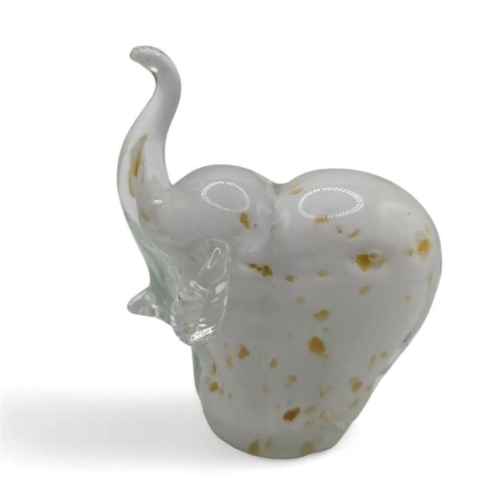 Elephant Art Glass White With Gold Spots Trunk Up Paperweight Figurine 4" Tall